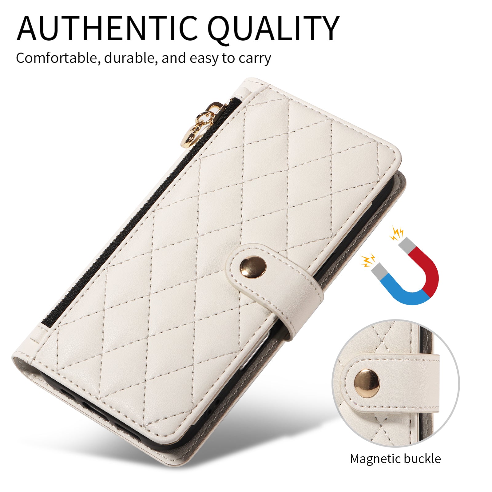 For-Samsung-Galaxy-S26-/-S26-Pro-Wallet-Case-with-Straps,-Rhombus-Leather-Stand-Phone-Cover-White