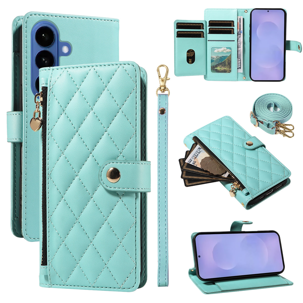 For-Samsung-Galaxy-S26-/-S26-Pro-Wallet-Case-with-Straps,-Rhombus-Leather-Stand-Phone-Cover-Light-Green