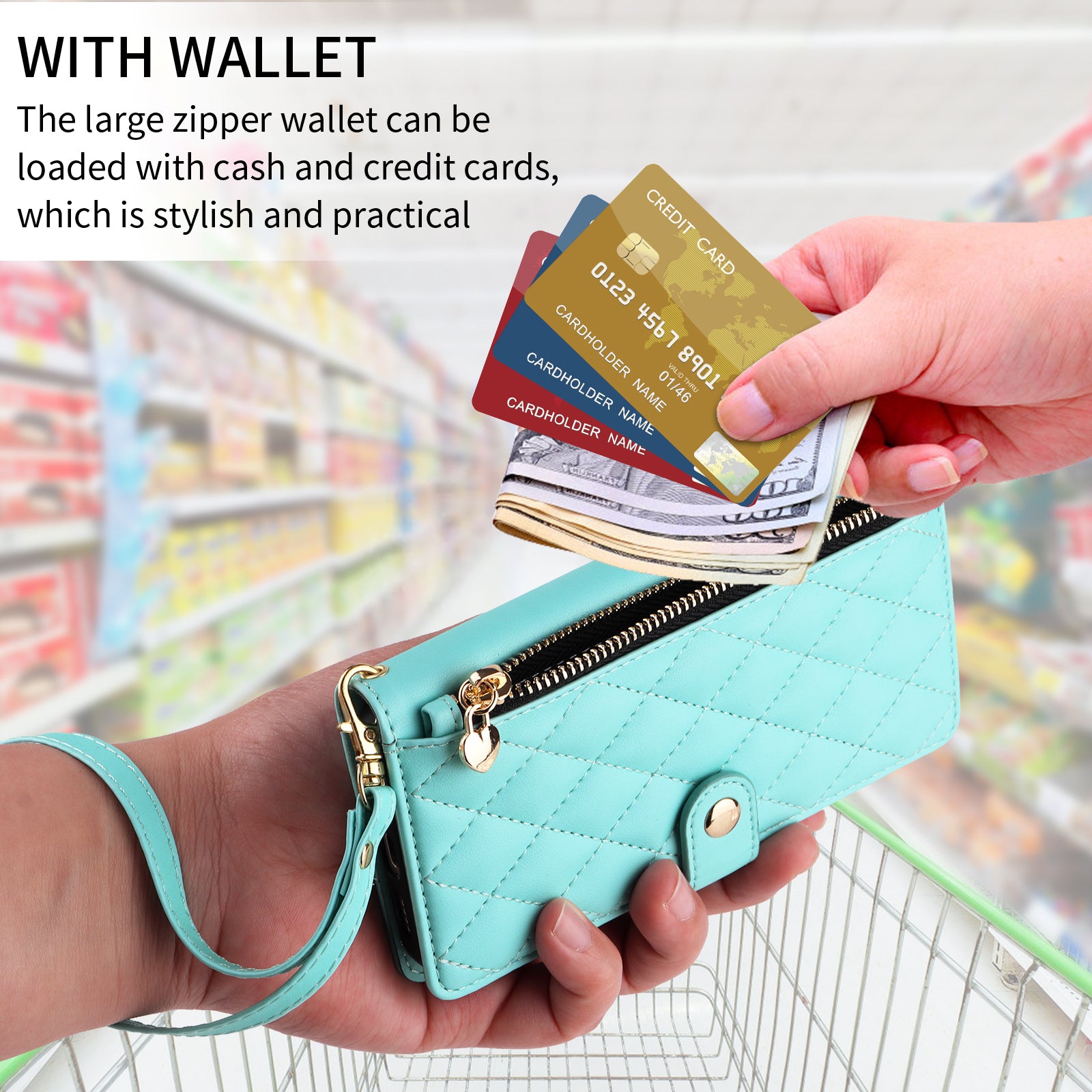 For-Samsung-Galaxy-S26-/-S26-Pro-Wallet-Case-with-Straps,-Rhombus-Leather-Stand-Phone-Cover-Light-Green