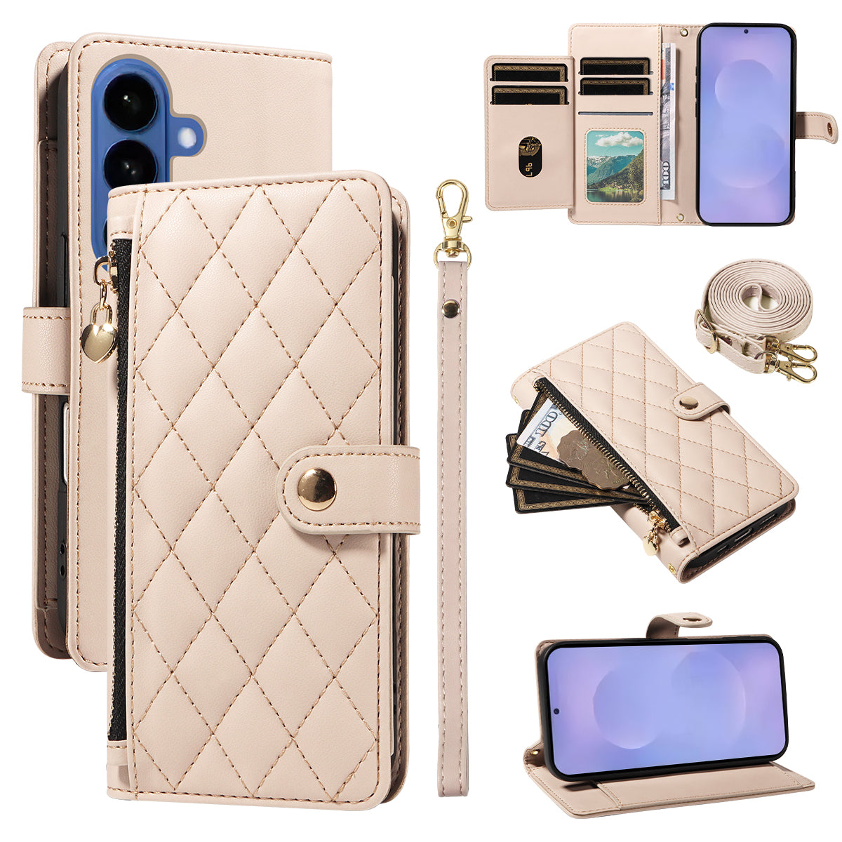 For-Samsung-Galaxy-S26-/-S26-Pro-Wallet-Case-with-Straps,-Rhombus-Leather-Stand-Phone-Cover-Beige