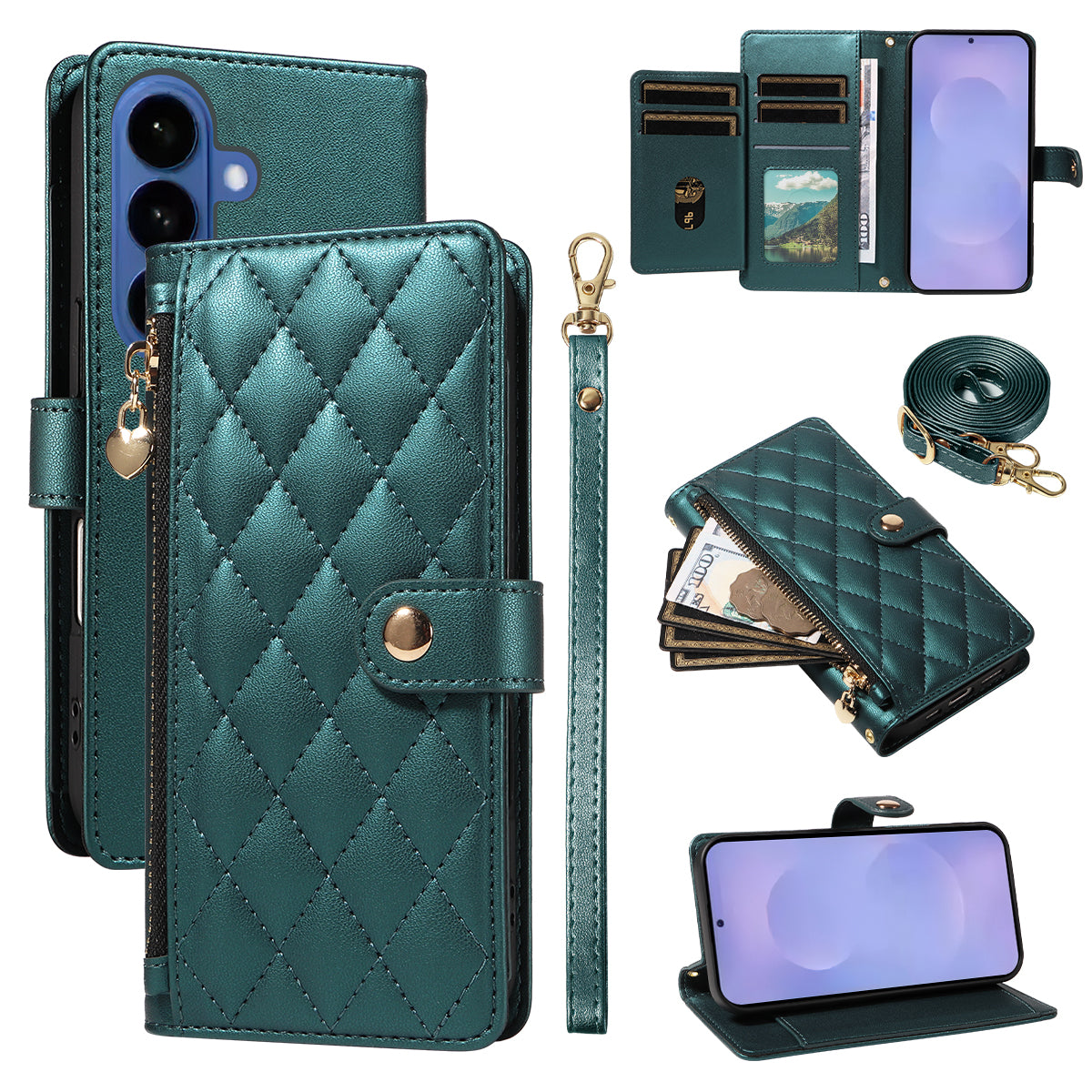 For-Samsung-Galaxy-S26-/-S26-Pro-Wallet-Case-with-Straps,-Rhombus-Leather-Stand-Phone-Cover-Blackish-Green