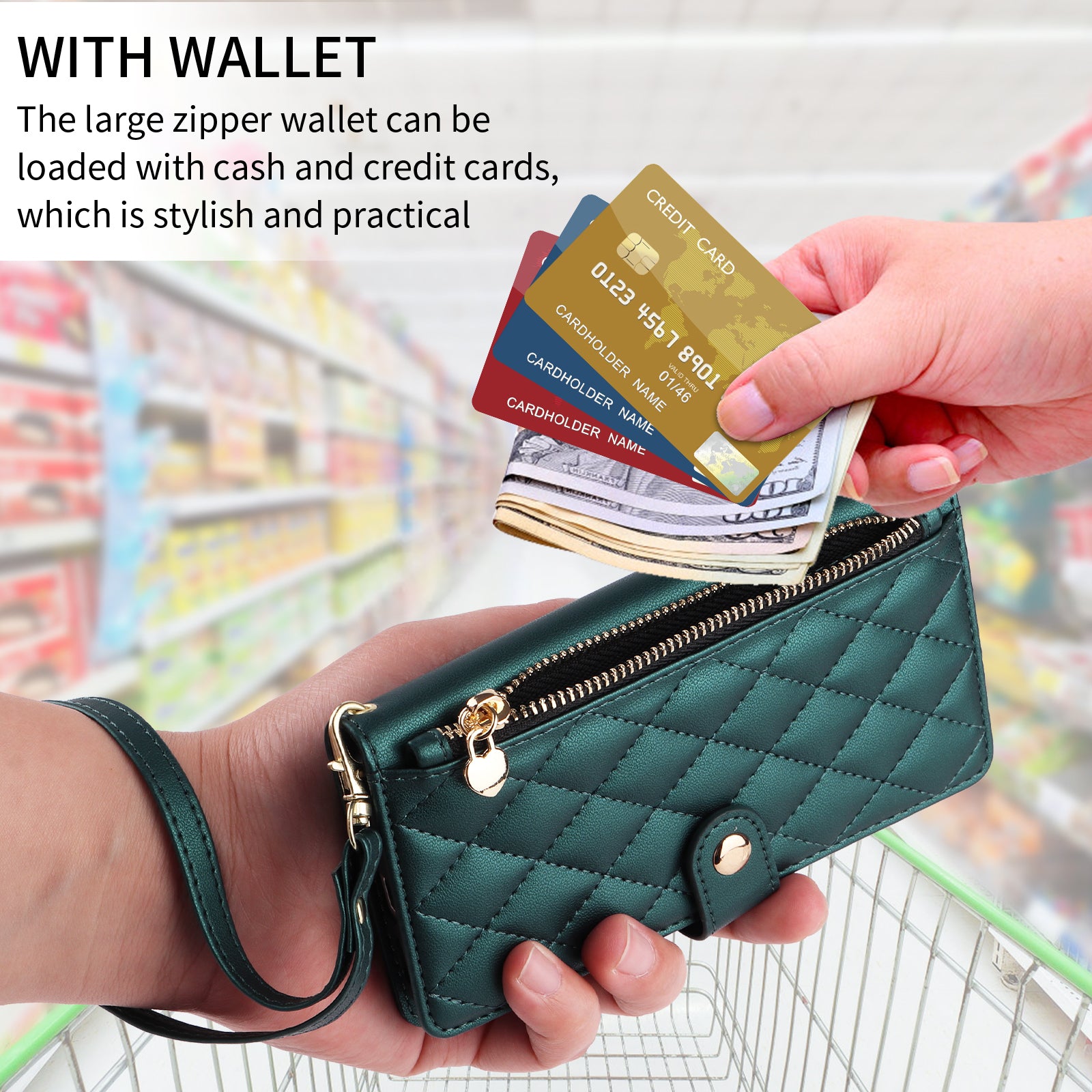 For-Samsung-Galaxy-S26-/-S26-Pro-Wallet-Case-with-Straps,-Rhombus-Leather-Stand-Phone-Cover-Blackish-Green