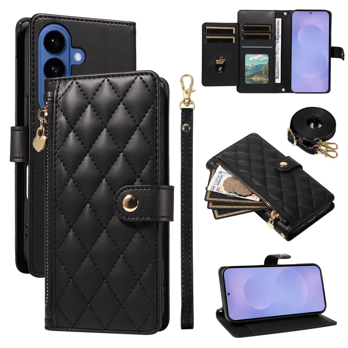 For-Samsung-Galaxy-S26-/-S26-Pro-Wallet-Case-with-Straps,-Rhombus-Leather-Stand-Phone-Cover-Black