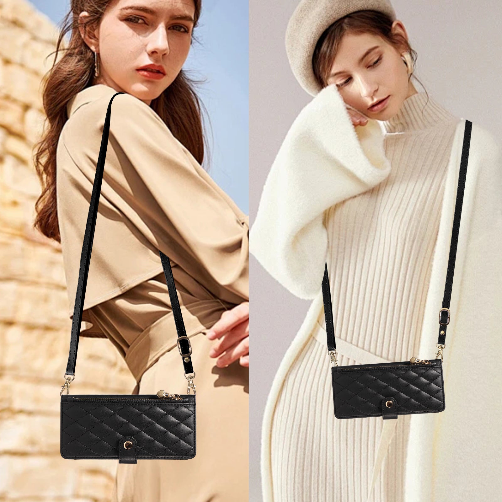 For-Samsung-Galaxy-S26-/-S26-Pro-Wallet-Case-with-Straps,-Rhombus-Leather-Stand-Phone-Cover-Black