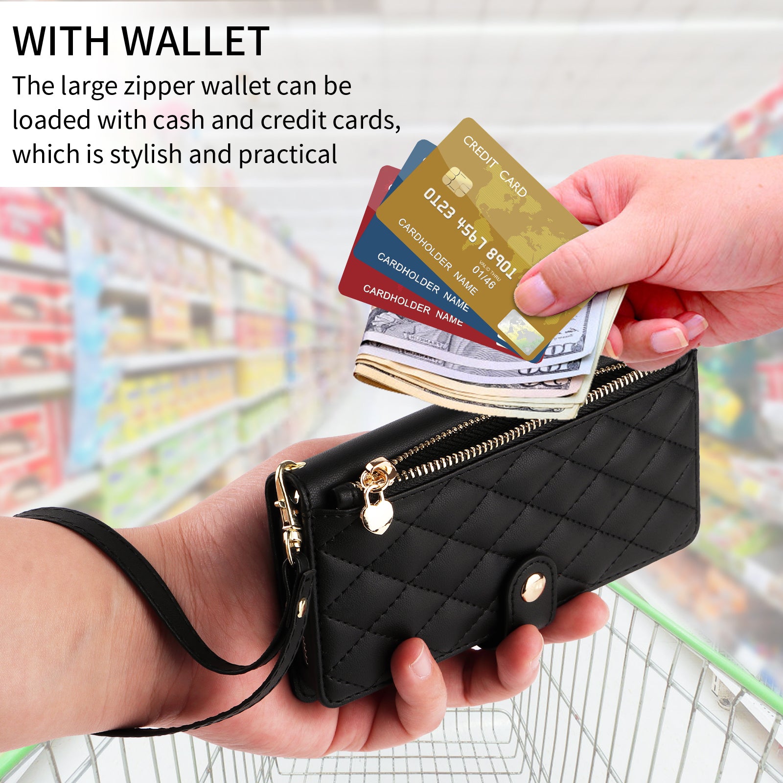 For-Samsung-Galaxy-S26-/-S26-Pro-Wallet-Case-with-Straps,-Rhombus-Leather-Stand-Phone-Cover-Black