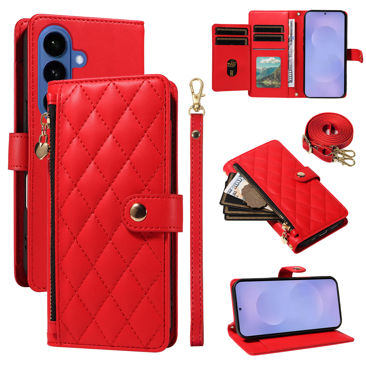 For-Samsung-Galaxy-S26-/-S26-Pro-Wallet-Case-with-Straps,-Rhombus-Leather-Stand-Phone-Cover-Red
