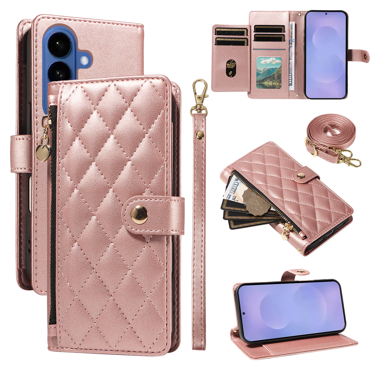 For-Samsung-Galaxy-S26-/-S26-Pro-Wallet-Case-with-Straps,-Rhombus-Leather-Stand-Phone-Cover-Rose-Gold