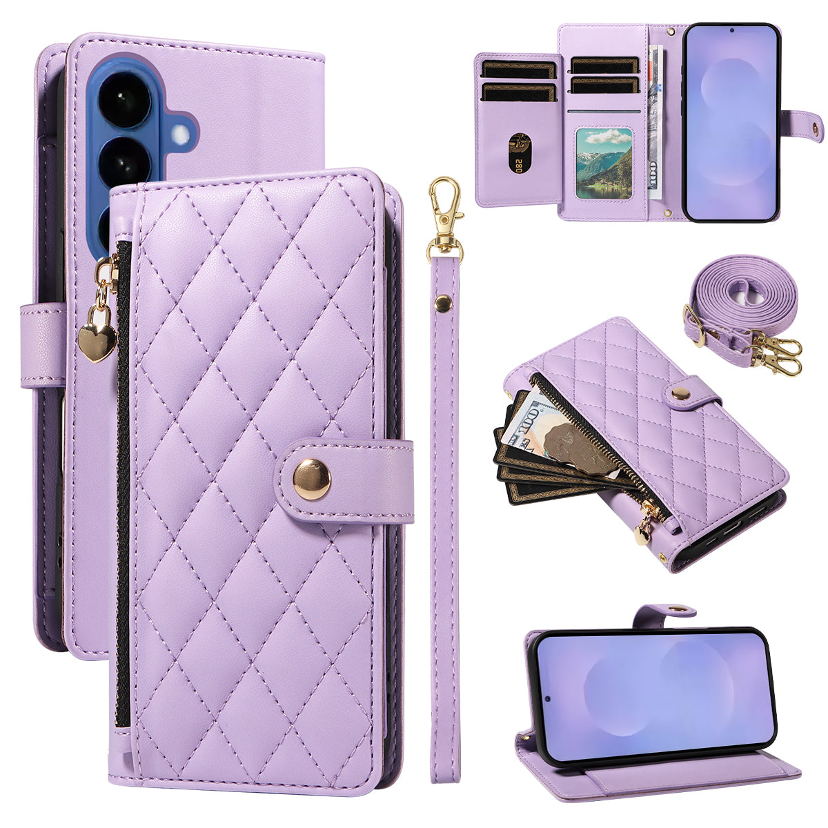 For-Samsung-Galaxy-S26-/-S26-Pro-Wallet-Case-with-Straps,-Rhombus-Leather-Stand-Phone-Cover-Purple