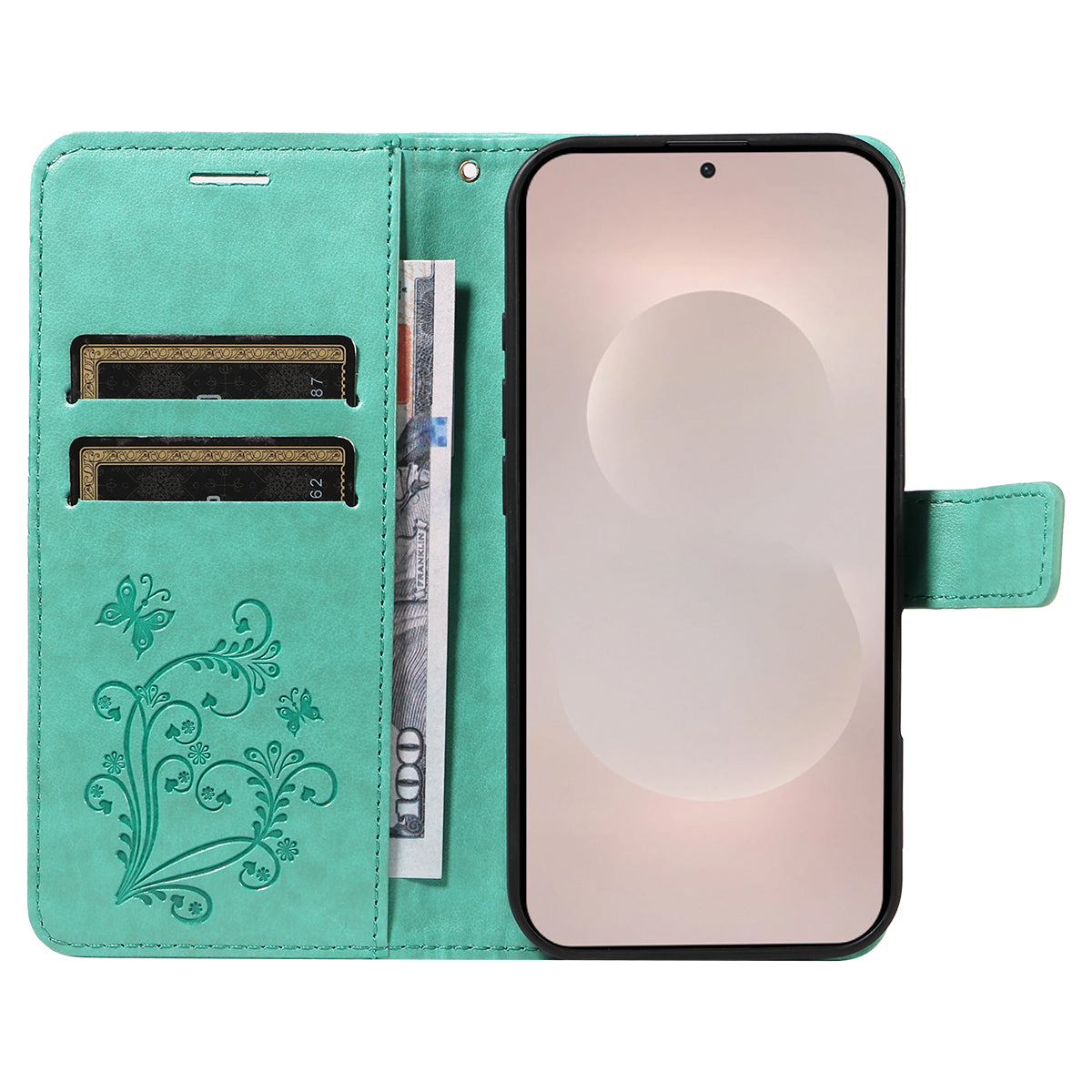 For-Samsung-Galaxy-S26-Edge-Wallet-Case-Floral-Butterfly-Imprinted-Leather-Phone-Cover-Stand-Green