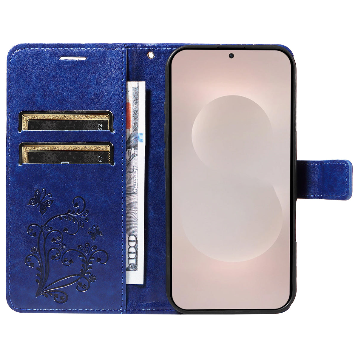 For-Samsung-Galaxy-S26-Edge-Wallet-Case-Floral-Butterfly-Imprinted-Leather-Phone-Cover-Stand-Blue