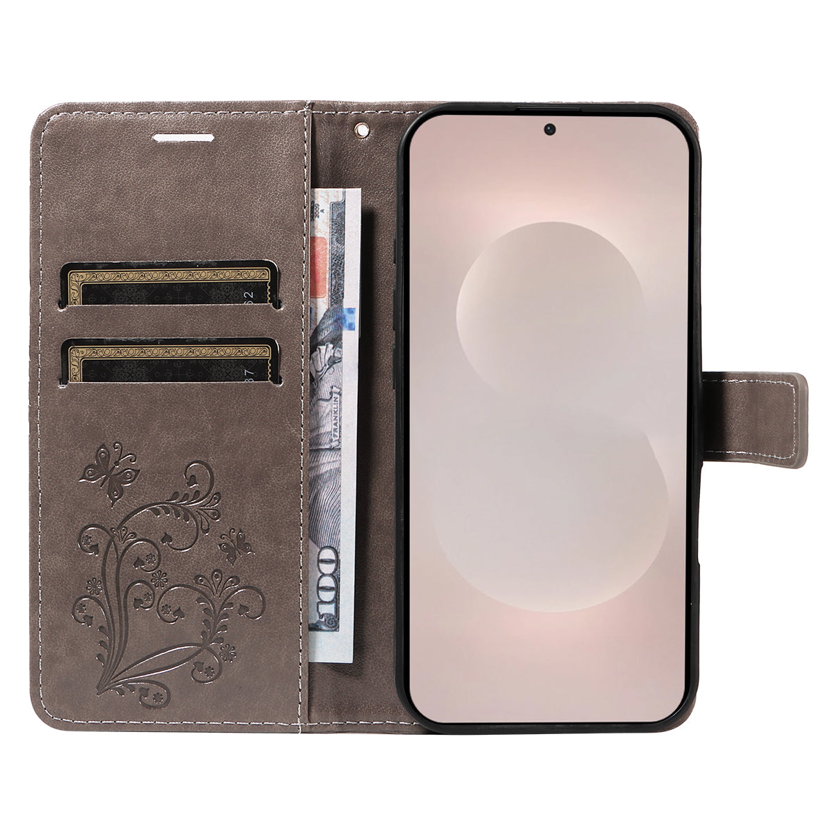 For-Samsung-Galaxy-S26-Edge-Wallet-Case-Floral-Butterfly-Imprinted-Leather-Phone-Cover-Stand-Grey
