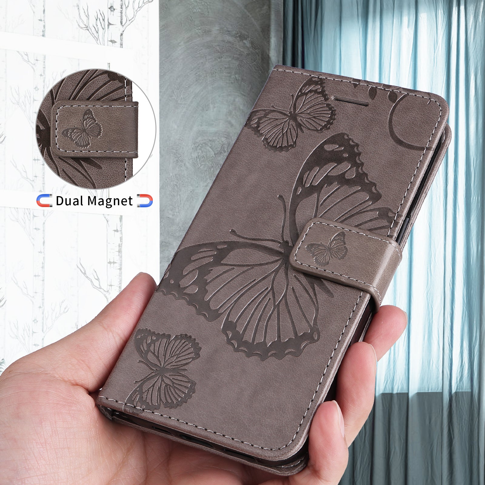 For-Samsung-Galaxy-S26-Edge-Wallet-Case-Floral-Butterfly-Imprinted-Leather-Phone-Cover-Stand-Grey