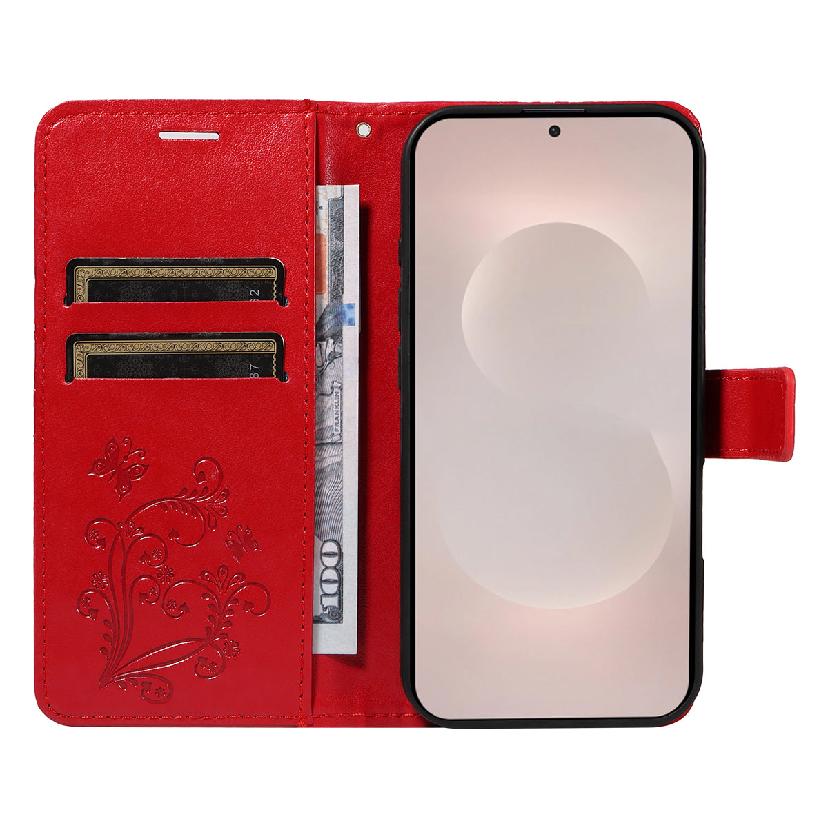 For-Samsung-Galaxy-S26-Edge-Wallet-Case-Floral-Butterfly-Imprinted-Leather-Phone-Cover-Stand-Red