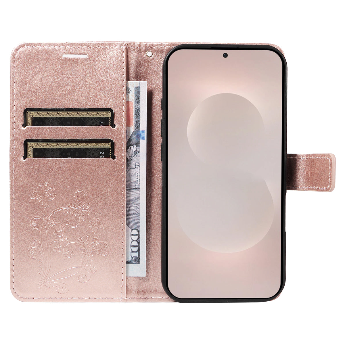 For-Samsung-Galaxy-S26-Edge-Wallet-Case-Floral-Butterfly-Imprinted-Leather-Phone-Cover-Stand-Rose-Gold