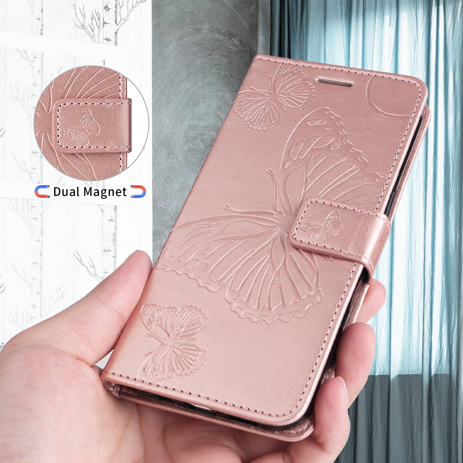 For-Samsung-Galaxy-S26-Edge-Wallet-Case-Floral-Butterfly-Imprinted-Leather-Phone-Cover-Stand-Rose-Gold