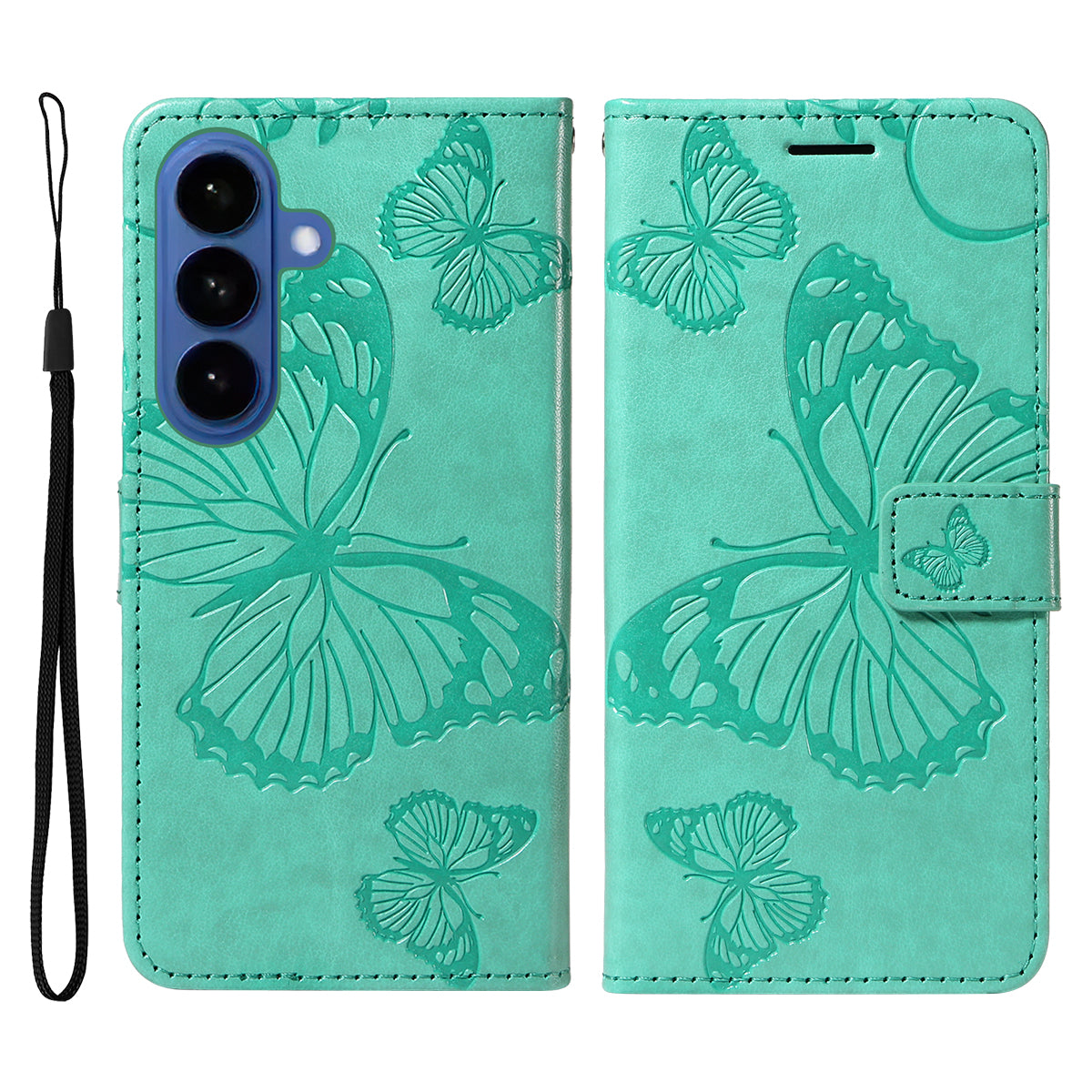 For-Samsung-Galaxy-S26-/-S26-Pro-Wallet-Case-Floral-Butterfly-Imprinted-Leather-Phone-Cover-Stand-Green