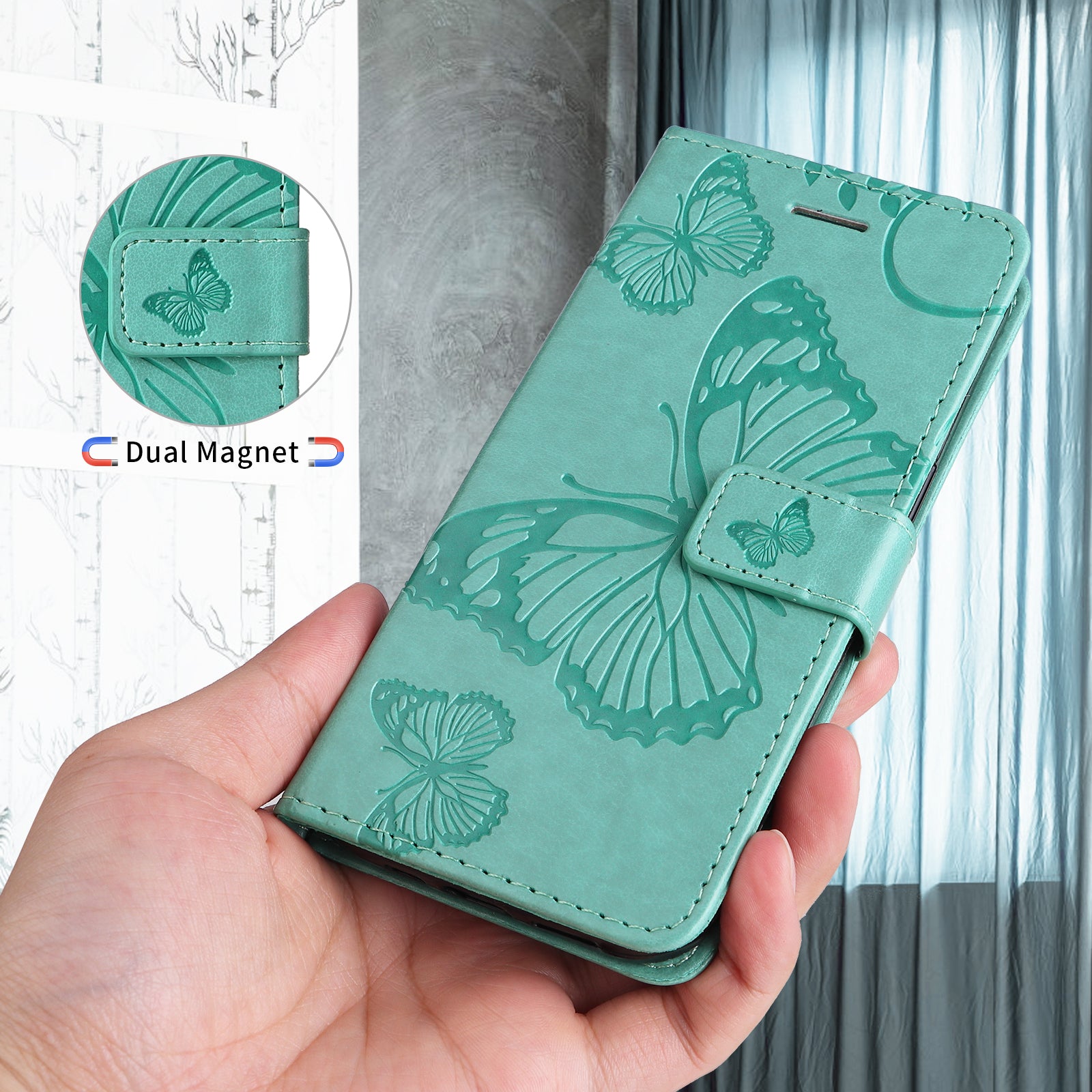 For-Samsung-Galaxy-S26-/-S26-Pro-Wallet-Case-Floral-Butterfly-Imprinted-Leather-Phone-Cover-Stand-Green