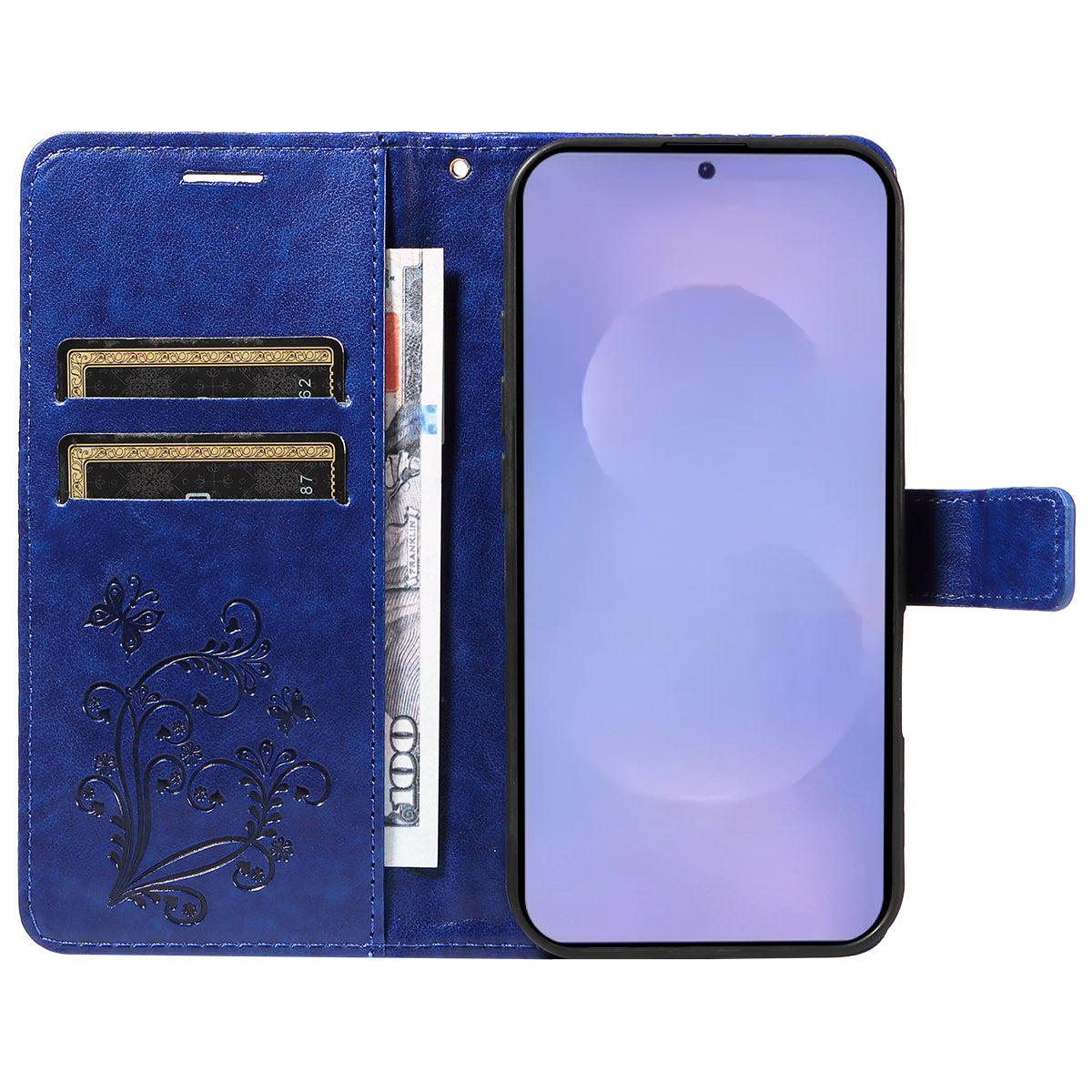 For-Samsung-Galaxy-S26-/-S26-Pro-Wallet-Case-Floral-Butterfly-Imprinted-Leather-Phone-Cover-Stand-Blue
