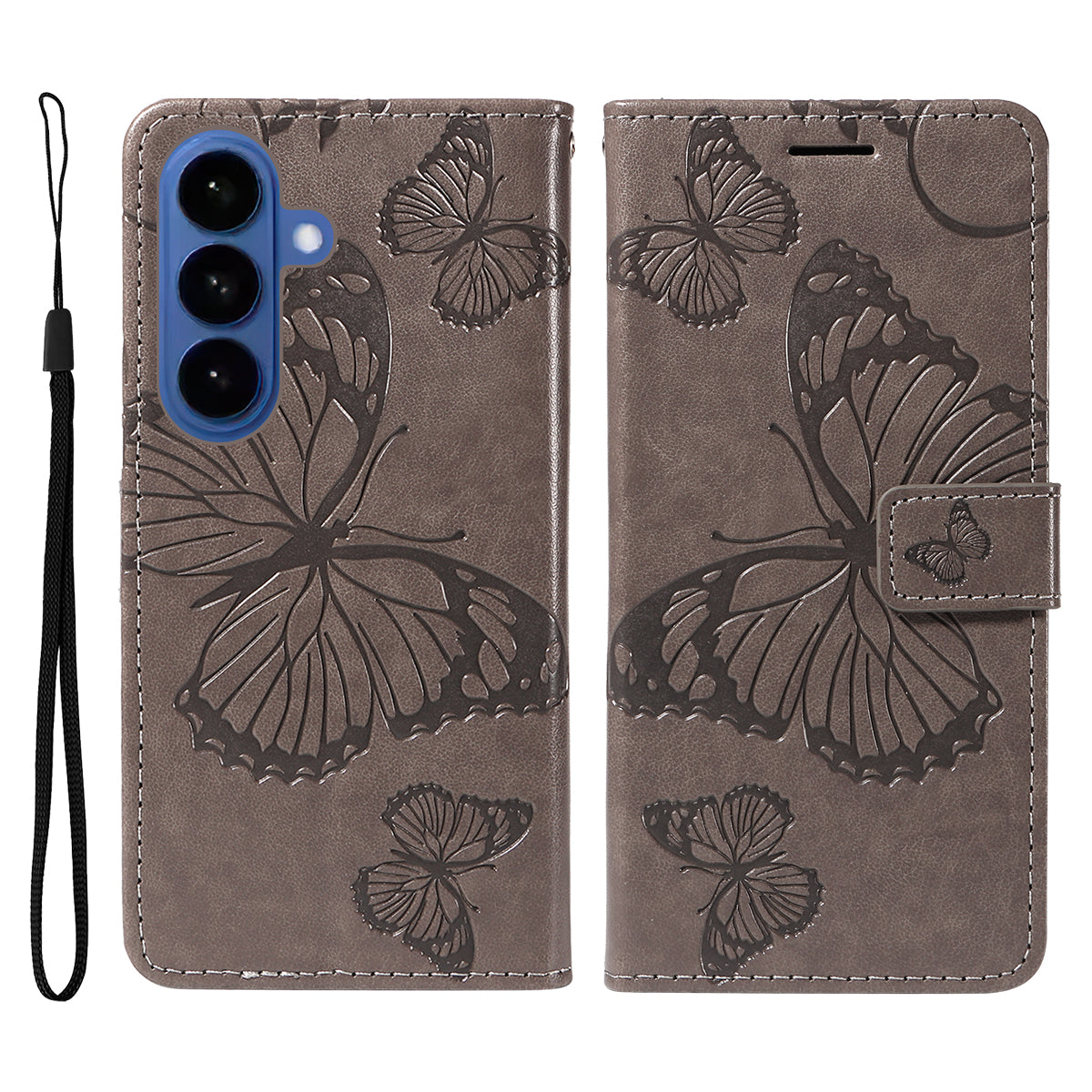 For-Samsung-Galaxy-S26-/-S26-Pro-Wallet-Case-Floral-Butterfly-Imprinted-Leather-Phone-Cover-Stand-Grey