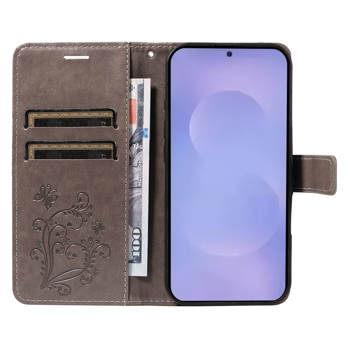 For-Samsung-Galaxy-S26-/-S26-Pro-Wallet-Case-Floral-Butterfly-Imprinted-Leather-Phone-Cover-Stand-Grey