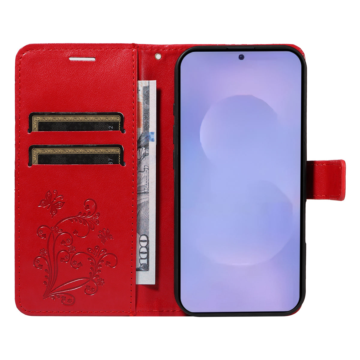 For-Samsung-Galaxy-S26-/-S26-Pro-Wallet-Case-Floral-Butterfly-Imprinted-Leather-Phone-Cover-Stand-Red