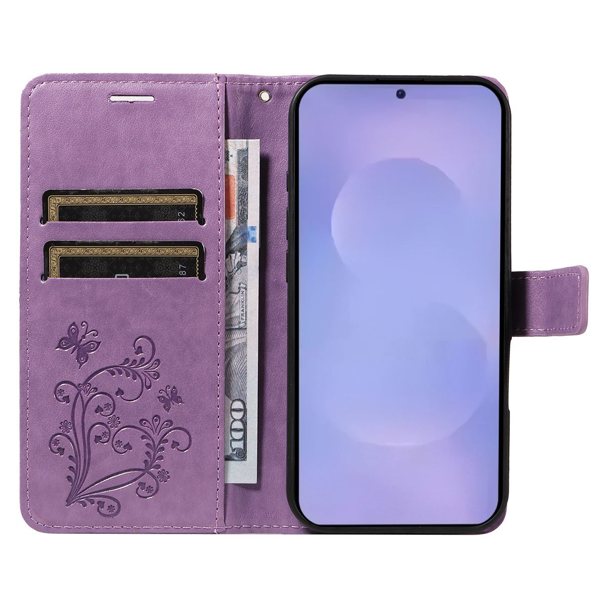For-Samsung-Galaxy-S26-/-S26-Pro-Wallet-Case-Floral-Butterfly-Imprinted-Leather-Phone-Cover-Stand-Light-Purple