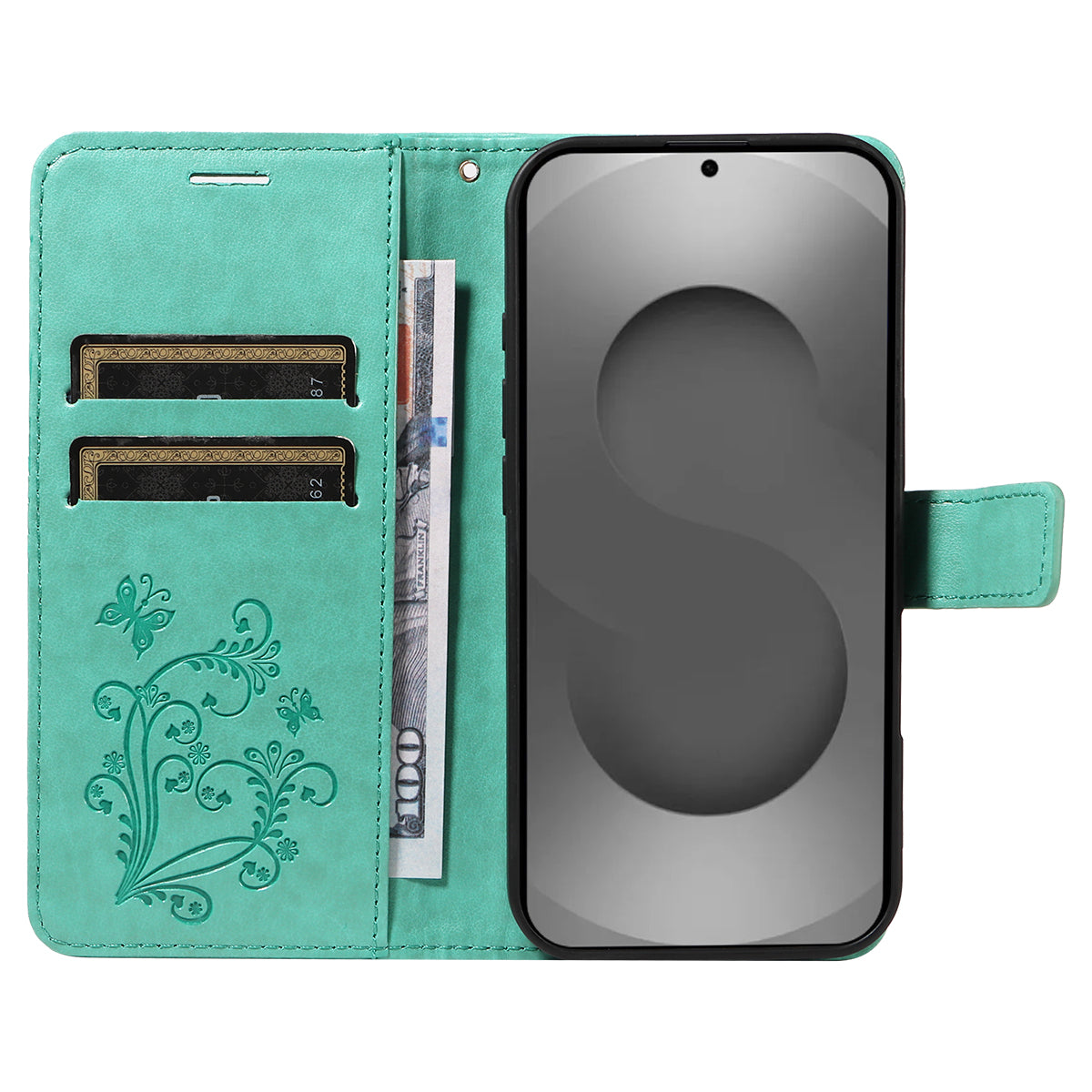 For-Samsung-Galaxy-S26-Ultra-Wallet-Case-Floral-Butterfly-Imprinted-Leather-Phone-Cover-Stand-Green