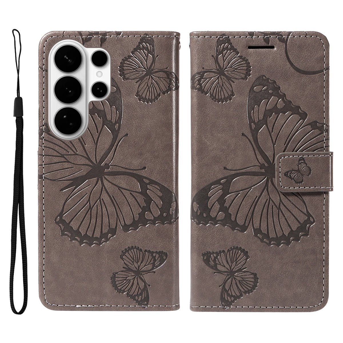 For-Samsung-Galaxy-S26-Ultra-Wallet-Case-Floral-Butterfly-Imprinted-Leather-Phone-Cover-Stand-Grey