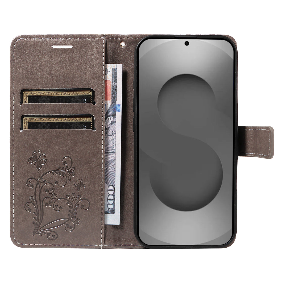 For-Samsung-Galaxy-S26-Ultra-Wallet-Case-Floral-Butterfly-Imprinted-Leather-Phone-Cover-Stand-Grey