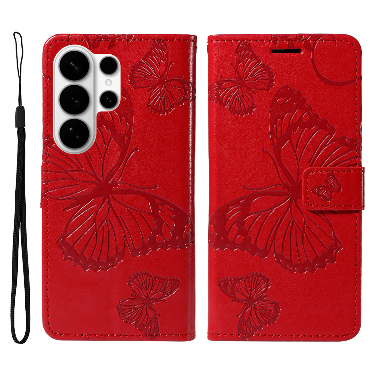 For-Samsung-Galaxy-S26-Ultra-Wallet-Case-Floral-Butterfly-Imprinted-Leather-Phone-Cover-Stand-Red