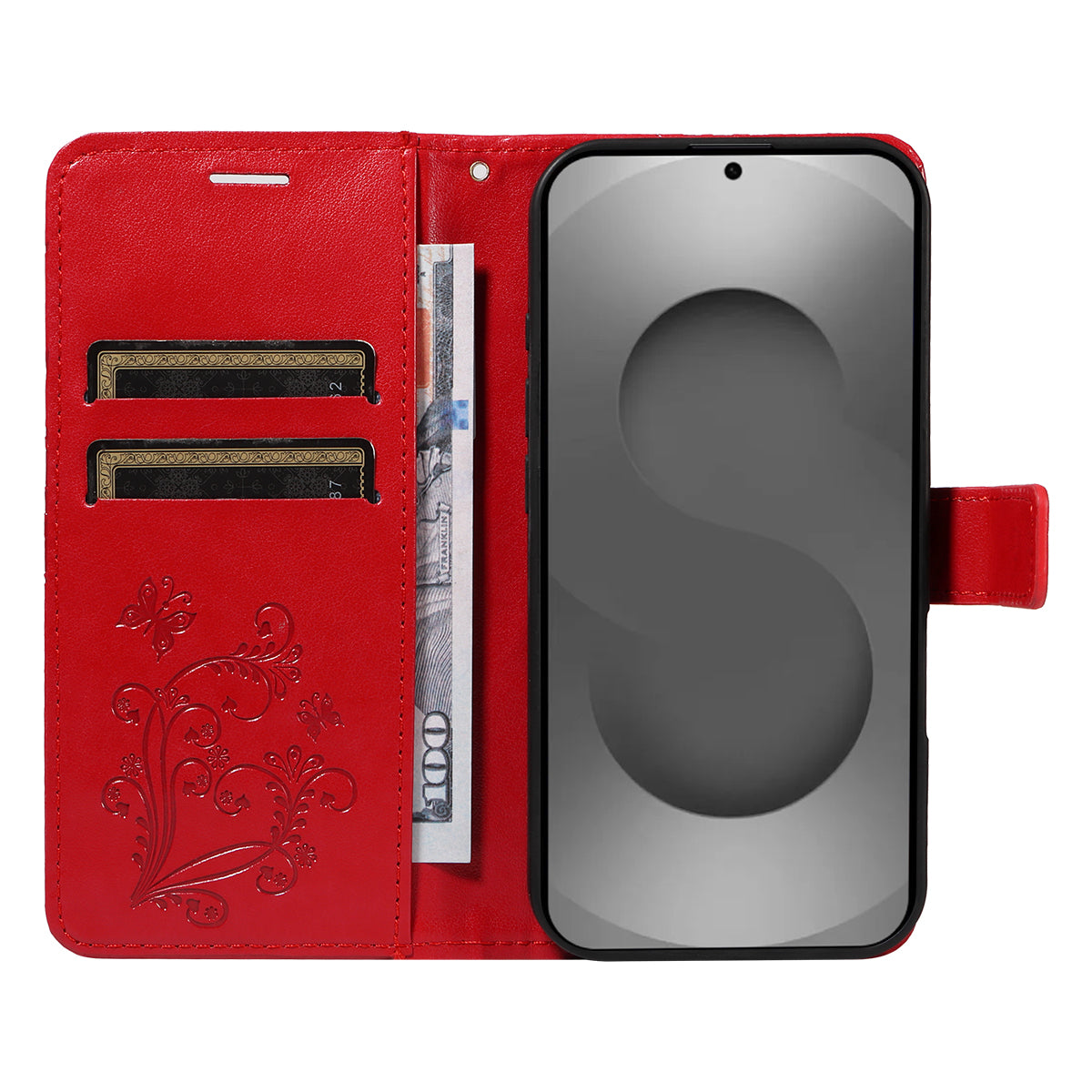 For-Samsung-Galaxy-S26-Ultra-Wallet-Case-Floral-Butterfly-Imprinted-Leather-Phone-Cover-Stand-Red