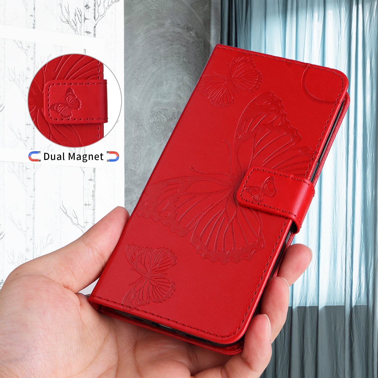 For-Samsung-Galaxy-S26-Ultra-Wallet-Case-Floral-Butterfly-Imprinted-Leather-Phone-Cover-Stand-Red