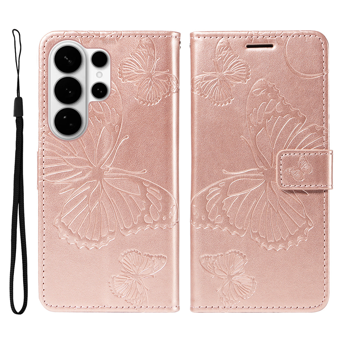 For-Samsung-Galaxy-S26-Ultra-Wallet-Case-Floral-Butterfly-Imprinted-Leather-Phone-Cover-Stand-Rose-Gold