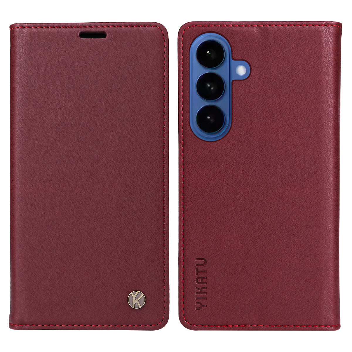 For-Samsung-Galaxy-S26-/-S26-Pro-Phone-Cases-YIKATU-Magnetic-Closure-PU-Leather-Mobile-Cover-Wine-Red