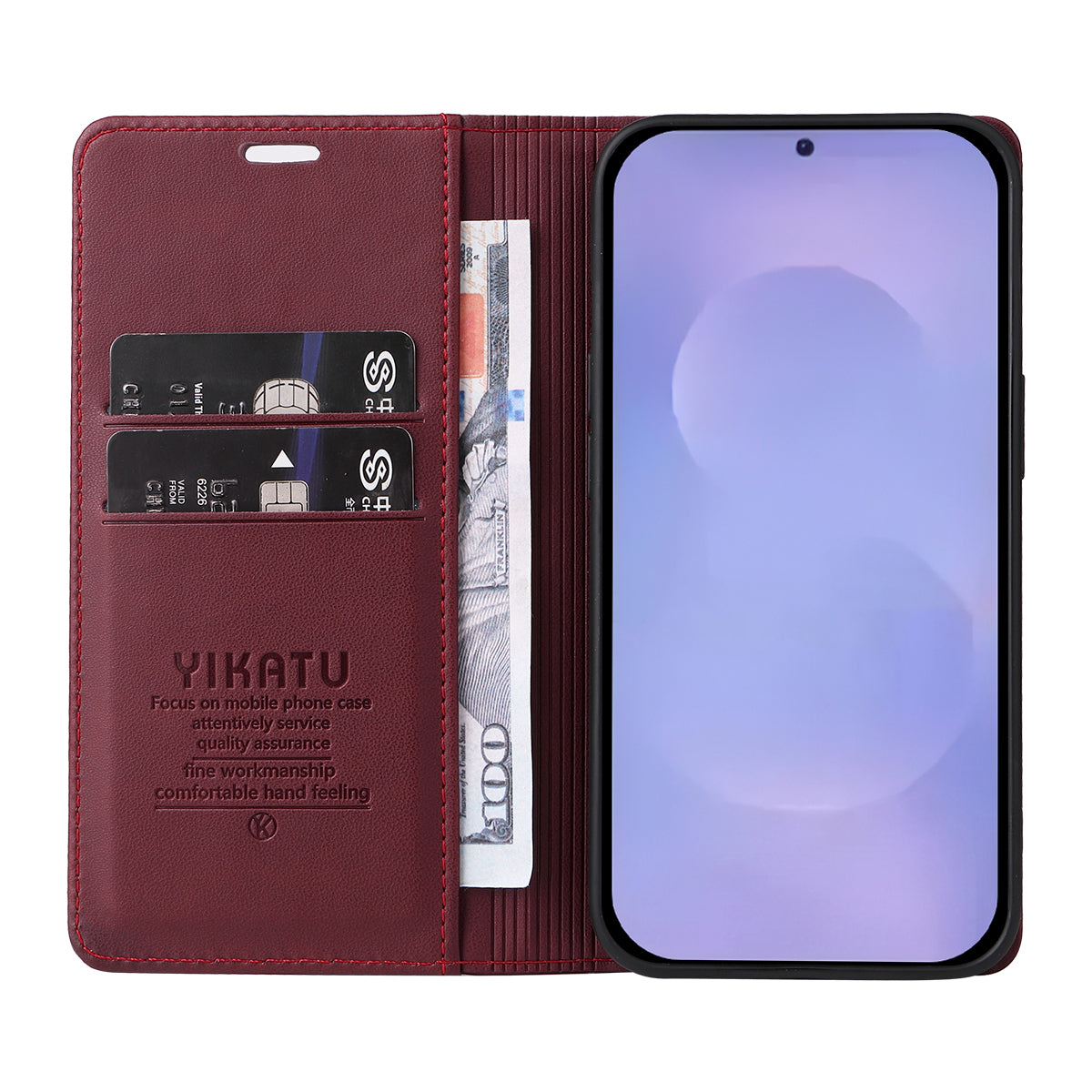 For-Samsung-Galaxy-S26-/-S26-Pro-Phone-Cases-YIKATU-Magnetic-Closure-PU-Leather-Mobile-Cover-Wine-Red