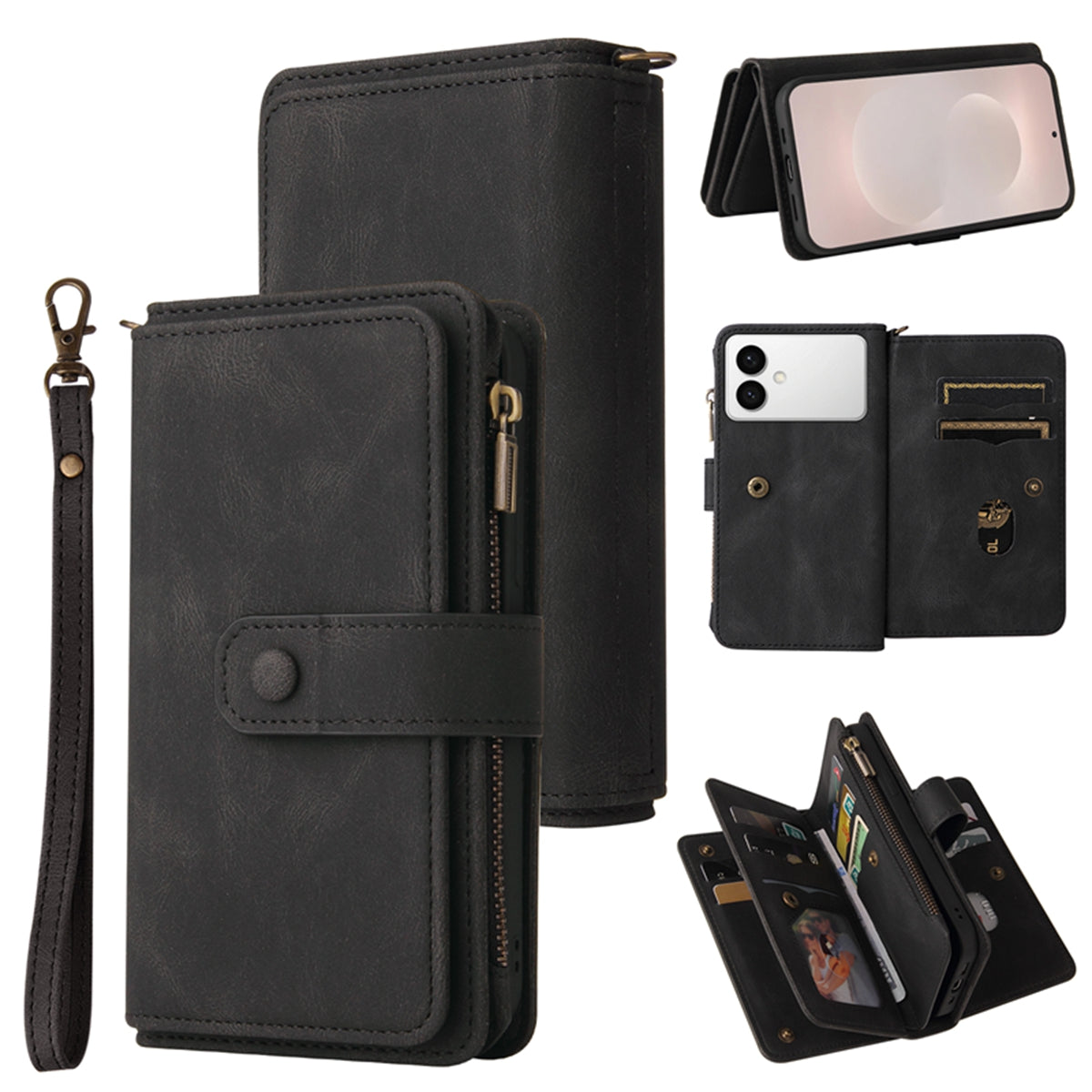 For-Samsung-Galaxy-S26-Edge-Zipper-Wallet-Case-with-15-Card-Slots-and-Strap-Leather-Phone-Cover-Black