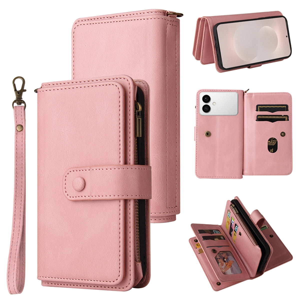 For-Samsung-Galaxy-S26-Edge-Zipper-Wallet-Case-with-15-Card-Slots-and-Strap-Leather-Phone-Cover-Pink