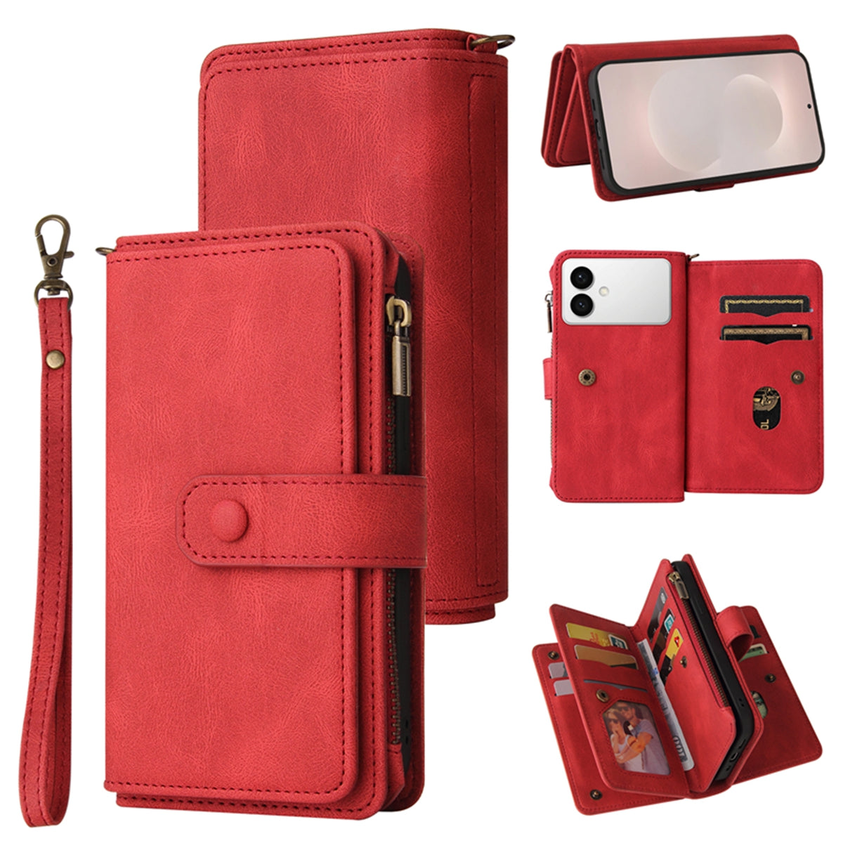 For-Samsung-Galaxy-S26-Edge-Zipper-Wallet-Case-with-15-Card-Slots-and-Strap-Leather-Phone-Cover-Red
