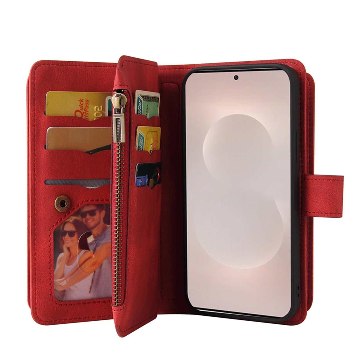 For-Samsung-Galaxy-S26-Edge-Zipper-Wallet-Case-with-15-Card-Slots-and-Strap-Leather-Phone-Cover-Red