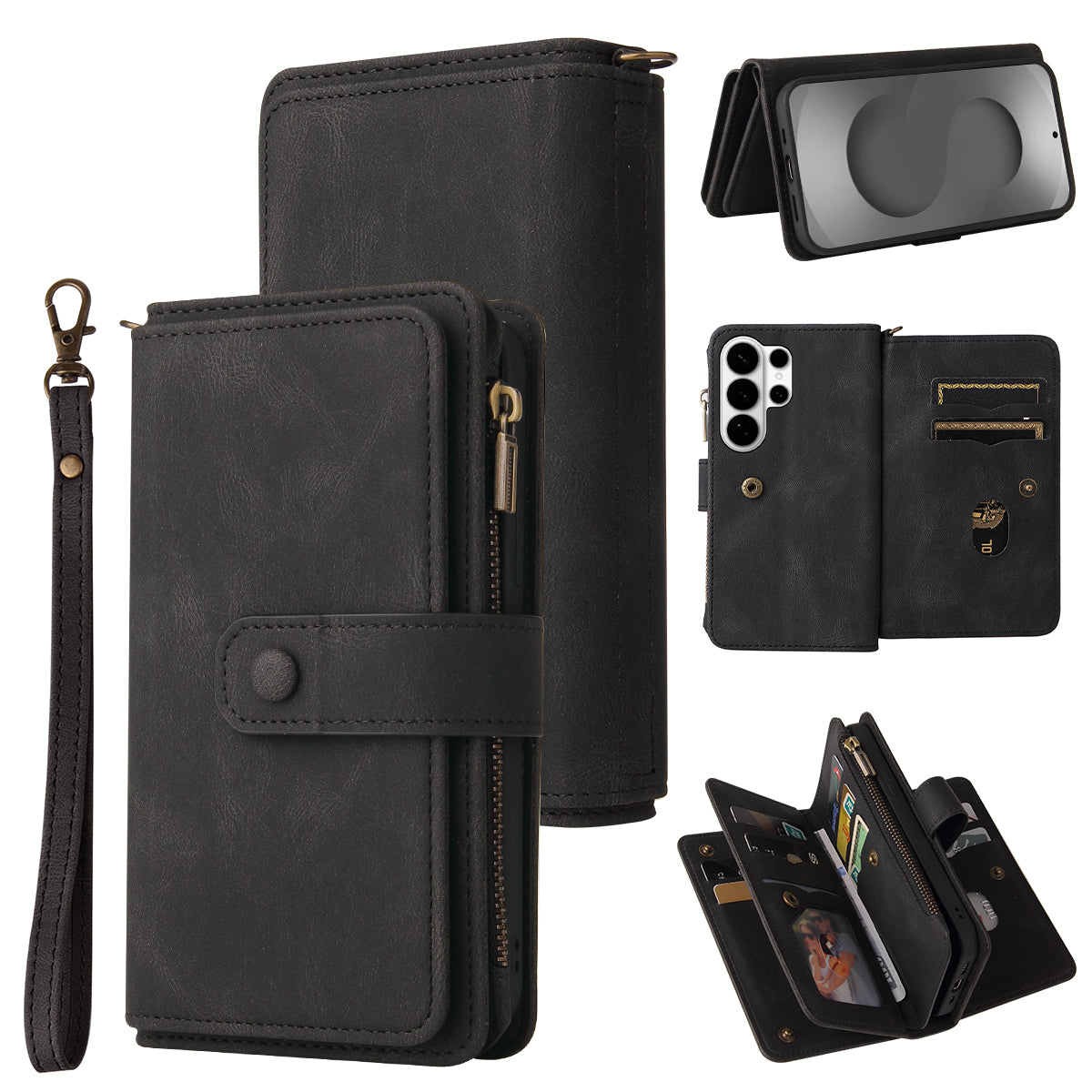 For-Samsung-Galaxy-S26-Ultra-Zipper-Wallet-Case-with-15-Card-Slots-and-Strap-Leather-Phone-Cover-Black