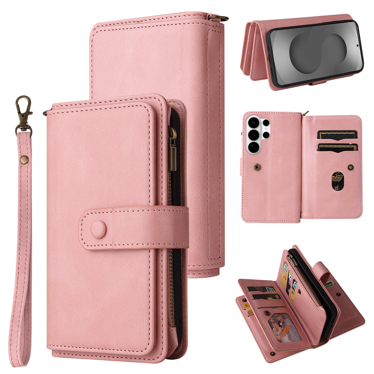 For-Samsung-Galaxy-S26-Ultra-Zipper-Wallet-Case-with-15-Card-Slots-and-Strap-Leather-Phone-Cover-Pink