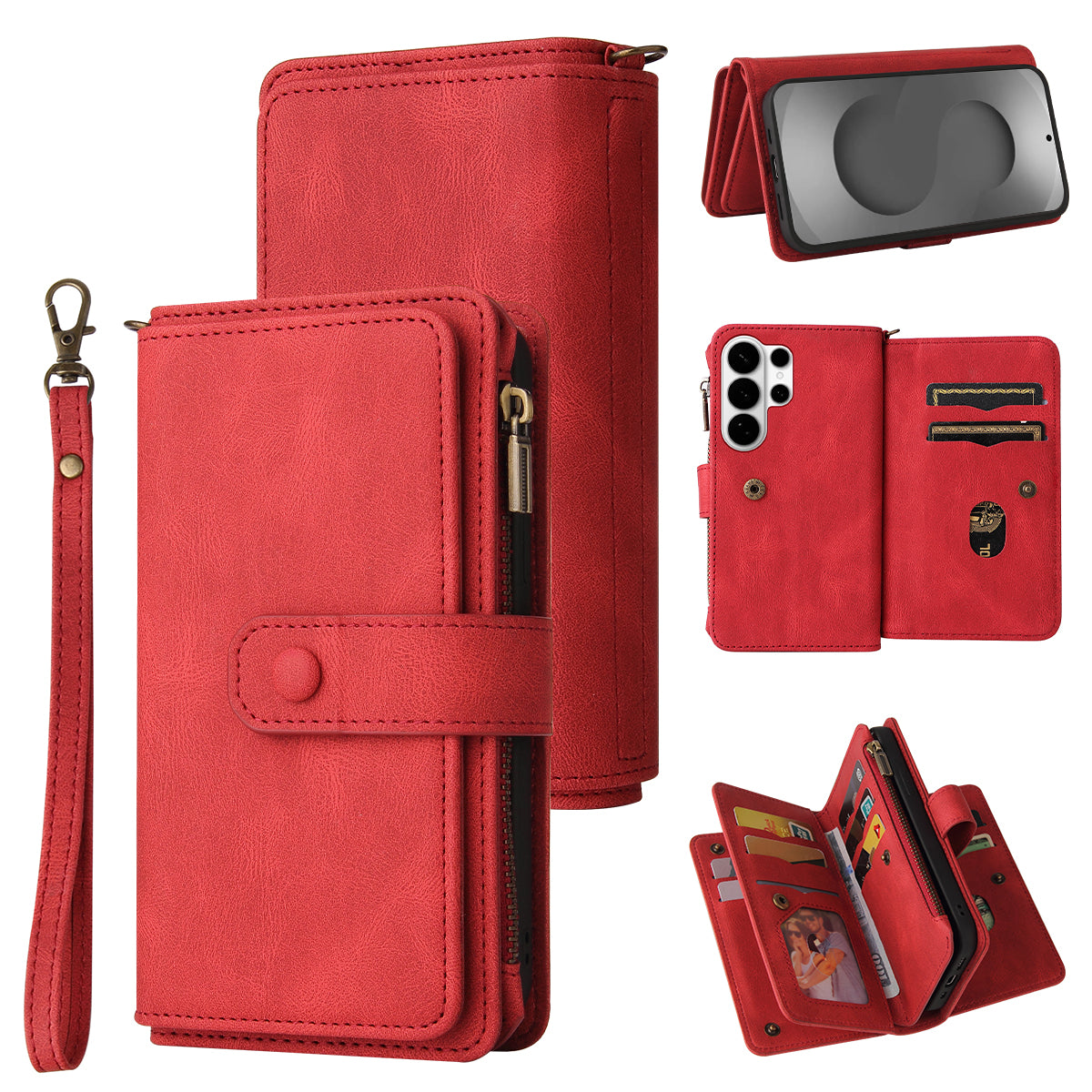 For-Samsung-Galaxy-S26-Ultra-Zipper-Wallet-Case-with-15-Card-Slots-and-Strap-Leather-Phone-Cover-Red