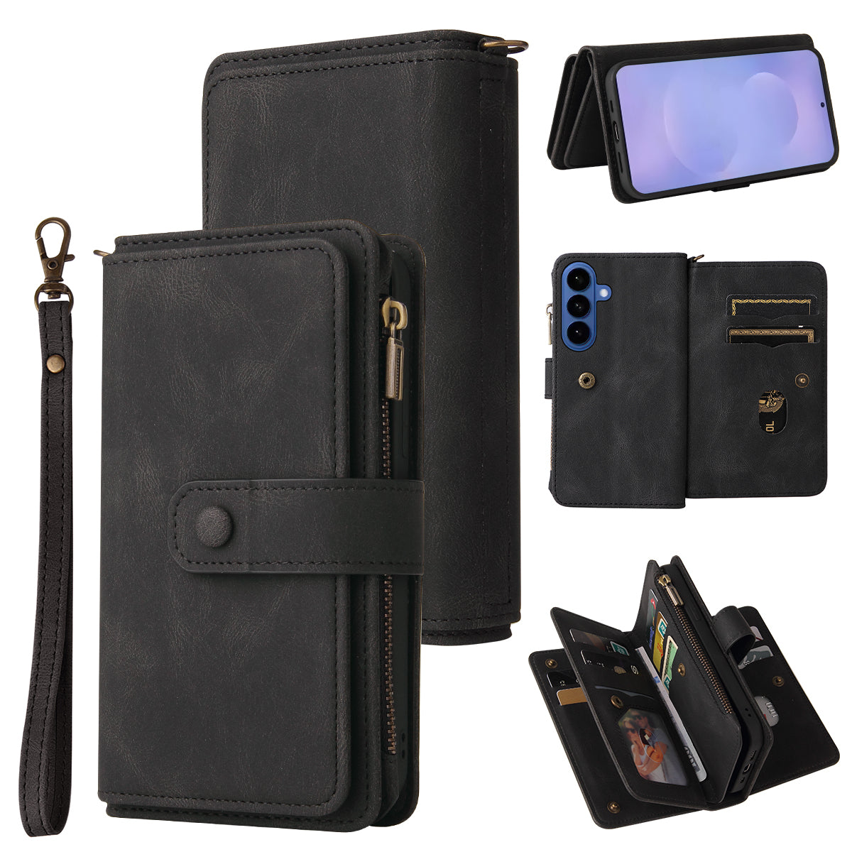For-Samsung-Galaxy-S26-/-S26-Pro-Zipper-Wallet-Case-with-15-Card-Slots-and-Strap-Leather-Phone-Cover-Black