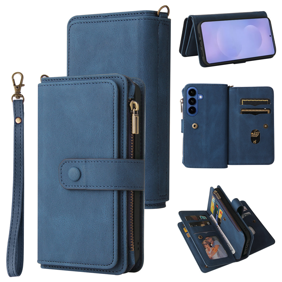 For-Samsung-Galaxy-S26-/-S26-Pro-Zipper-Wallet-Case-with-15-Card-Slots-and-Strap-Leather-Phone-Cover-Blue
