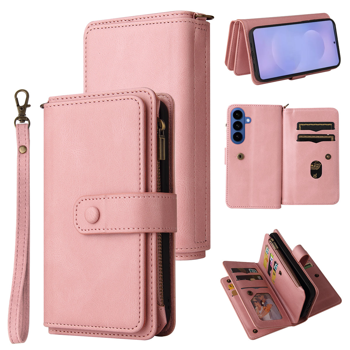 For-Samsung-Galaxy-S26-/-S26-Pro-Zipper-Wallet-Case-with-15-Card-Slots-and-Strap-Leather-Phone-Cover-Pink