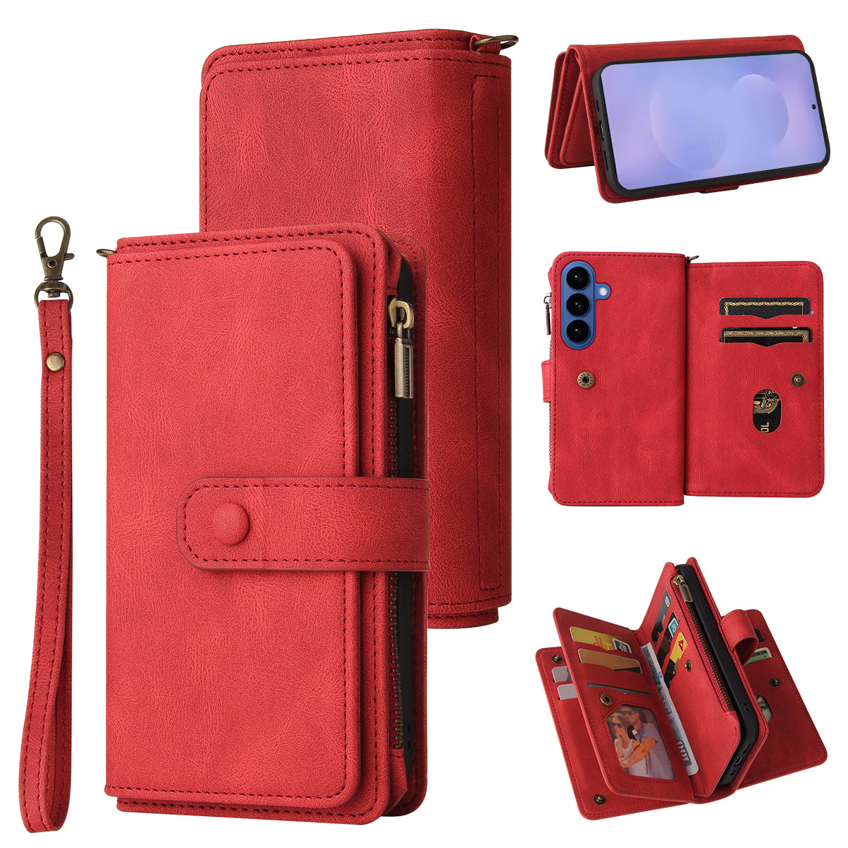 For-Samsung-Galaxy-S26-/-S26-Pro-Zipper-Wallet-Case-with-15-Card-Slots-and-Strap-Leather-Phone-Cover-Red
