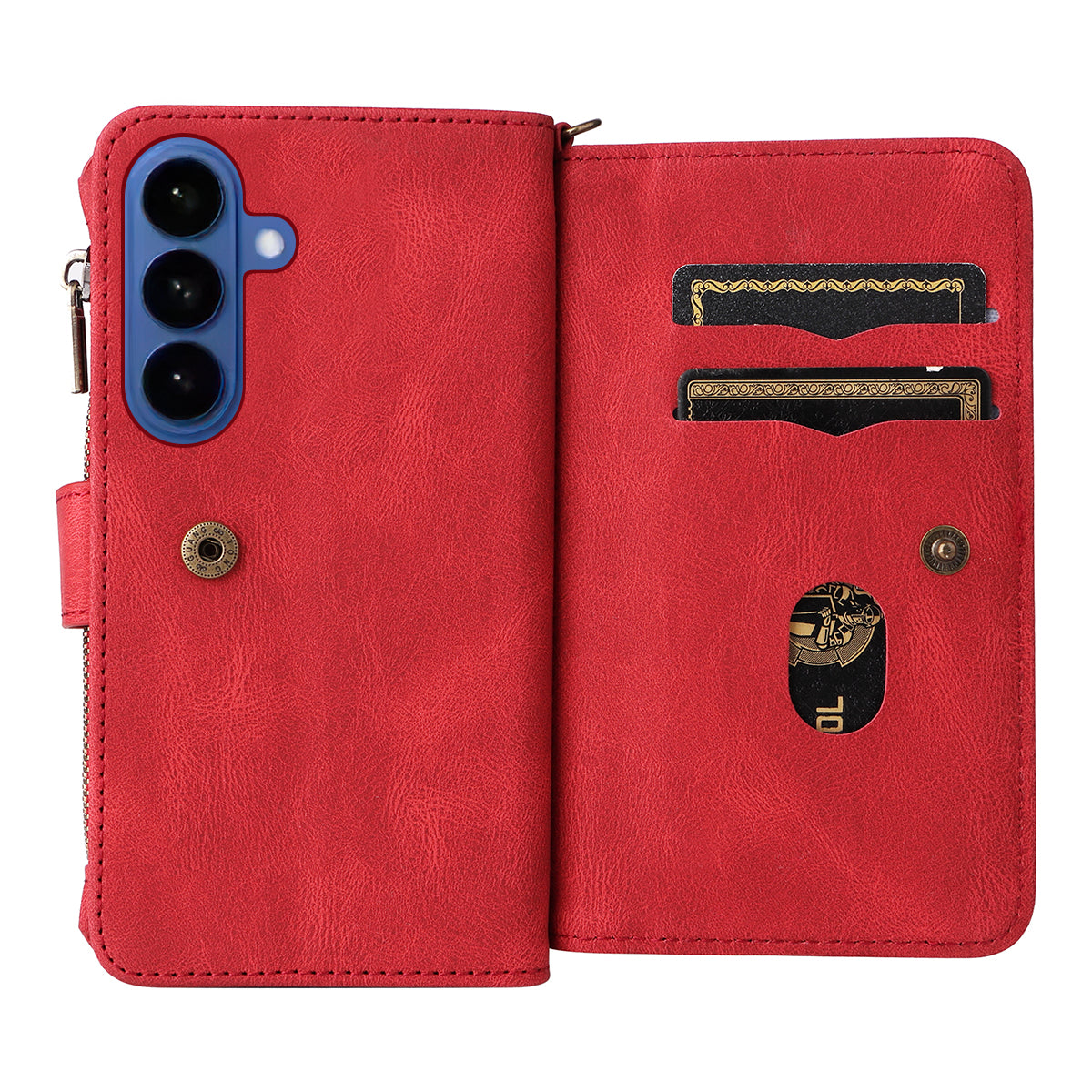 For-Samsung-Galaxy-S26-/-S26-Pro-Zipper-Wallet-Case-with-15-Card-Slots-and-Strap-Leather-Phone-Cover-Red