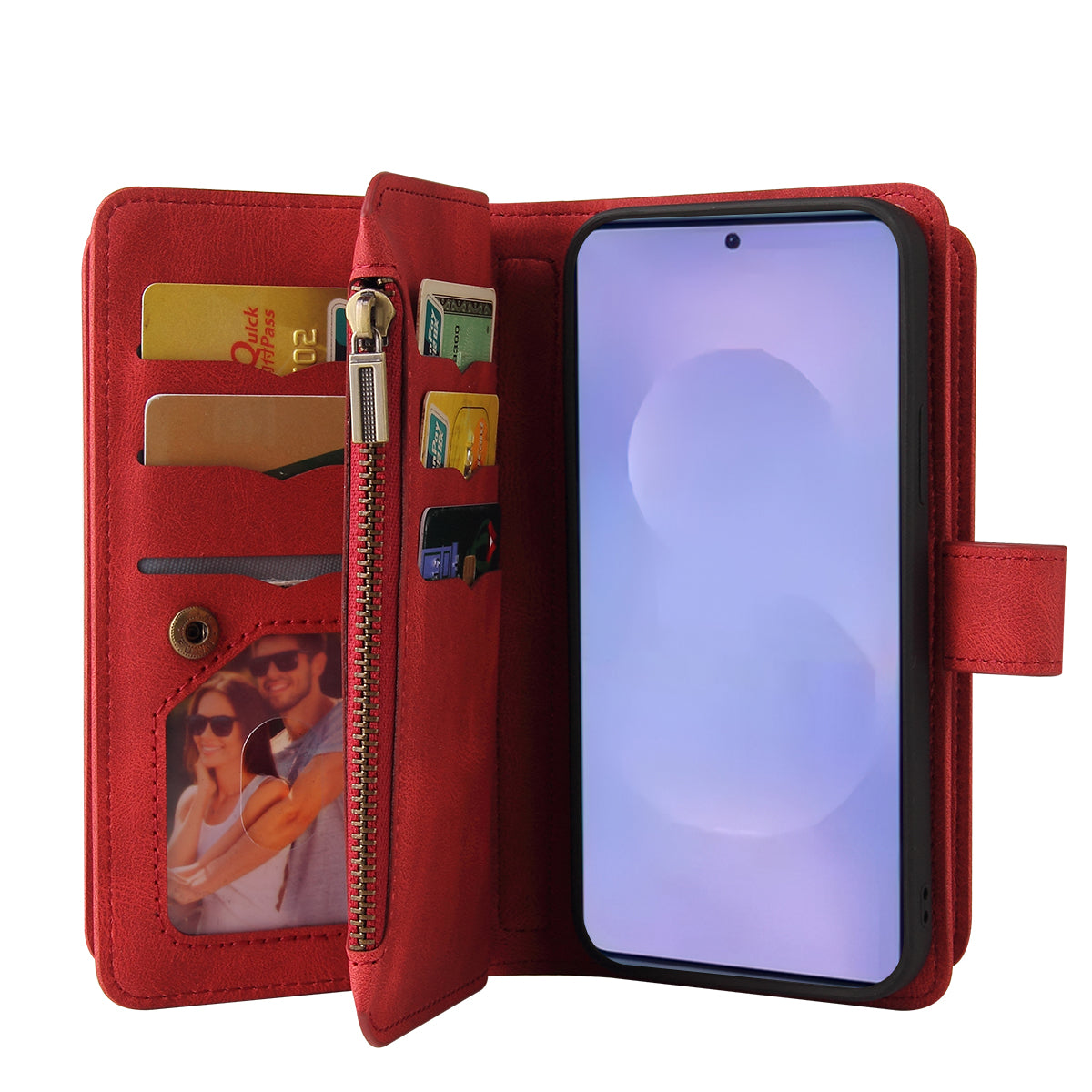 For-Samsung-Galaxy-S26-/-S26-Pro-Zipper-Wallet-Case-with-15-Card-Slots-and-Strap-Leather-Phone-Cover-Red