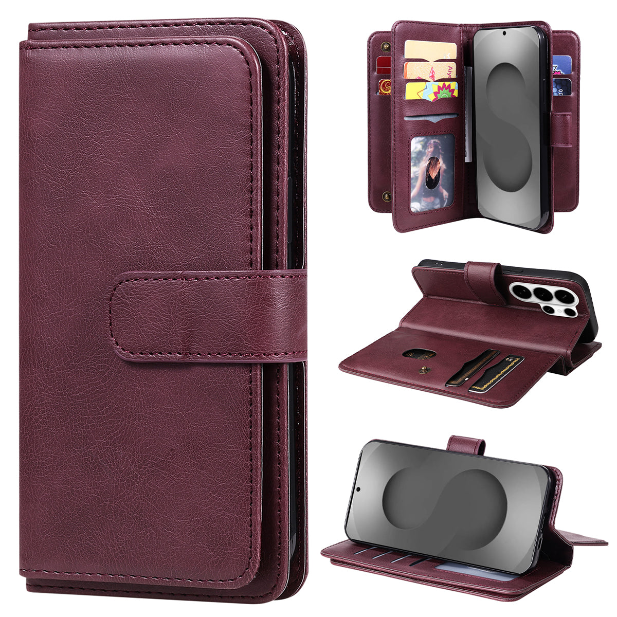 For-Samsung-Galaxy-S26-Ultra-Leather-Case-with-10-Card-Holder-Phone-Cover-Stand-Wine-Red