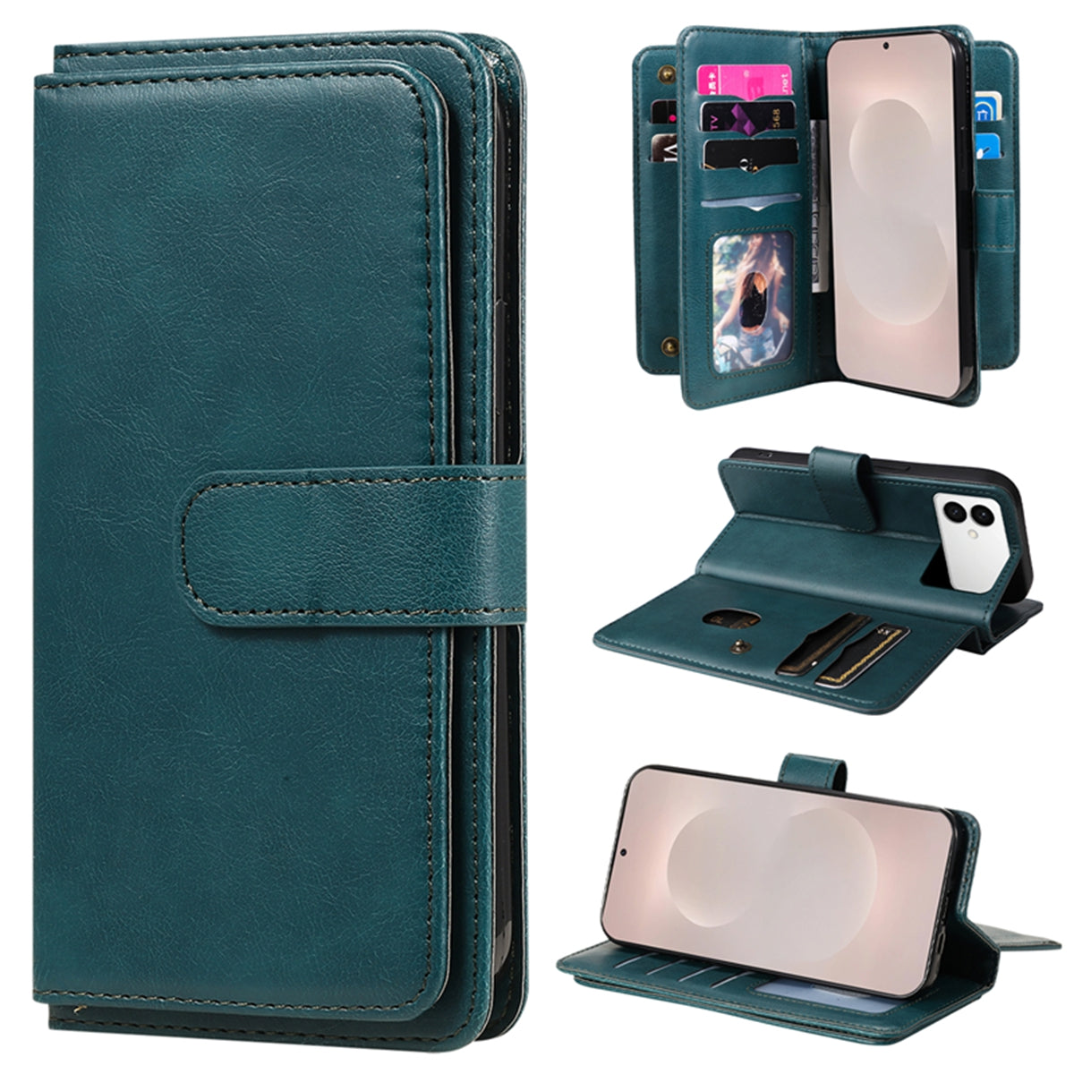 For-Samsung-Galaxy-S26-Edge-Leather-Case-with-10-Card-Holder-Phone-Cover-Stand-Green
